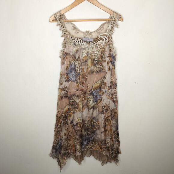 Pretty Angel Silk Floral Dress Crochet Trim Crinkle Earthy Boho - Picture 1 of 16